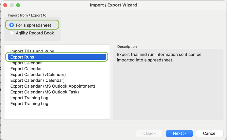 ARB Export select export runs for a spreadsheet