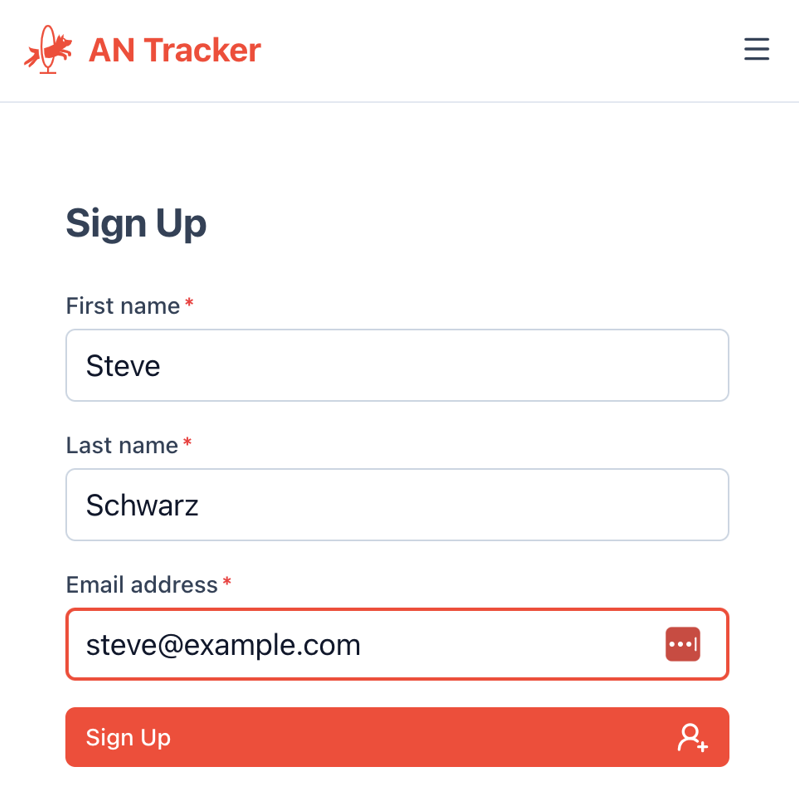 Sign up screen